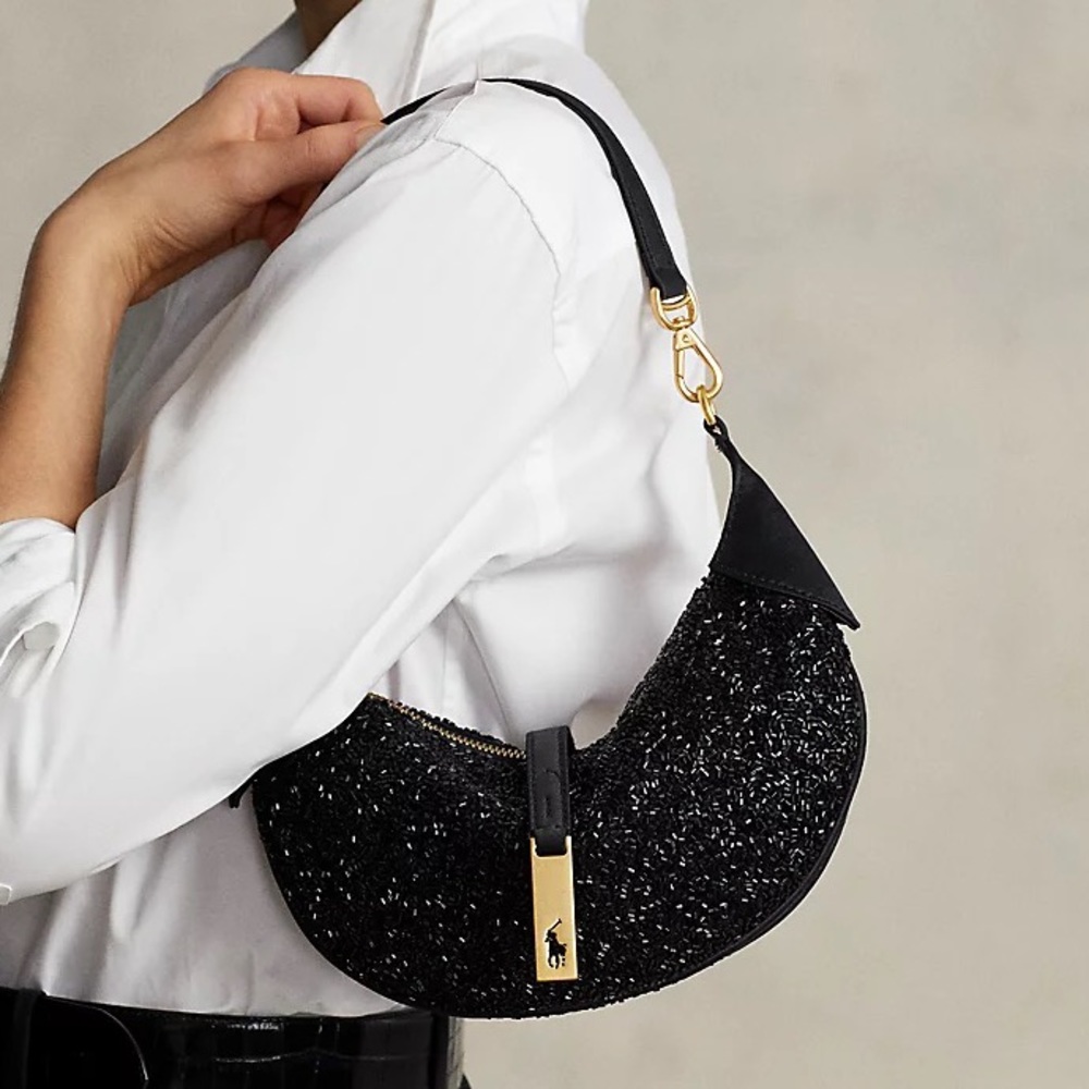 Ralph Lauren Polo Id Beaded Silk Mini Shoulder Bag In Black